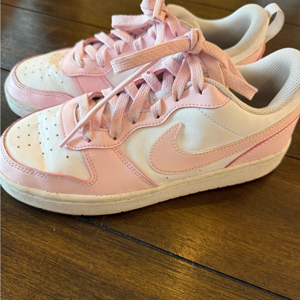 Kids Pink and White Nike Court Borough low sneakers